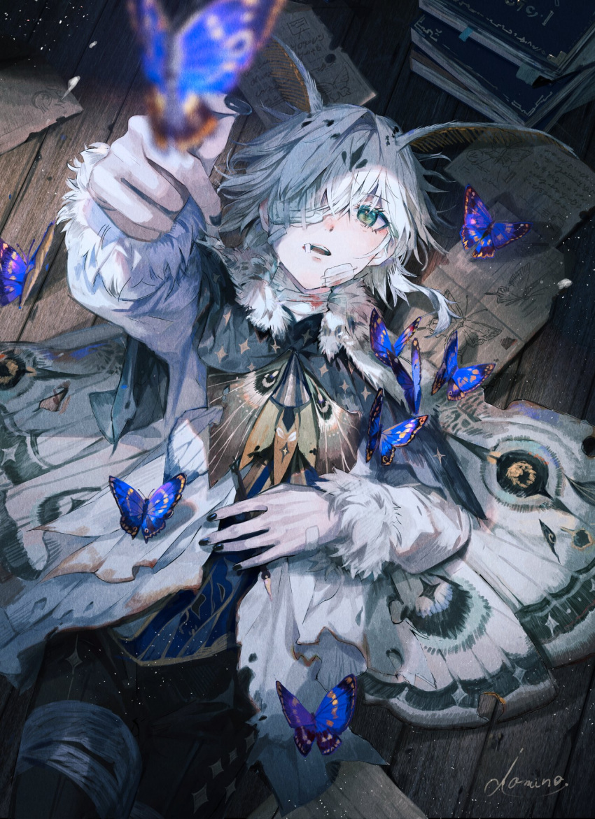 1girl, aqua_eyes, arthropod_girl, artist_name, bandage_on_face, bandage_over_one_eye, bandaged_neck, bandages, bandaid, bandaid_on_hand, black_nails, blue_capelet, blurry, book, book_stack, bookmark, bug, butterfly, capelet, coat, commentary, cowboy_shot, depth_of_field, fur-trimmed_capelet, fur-trimmed_coat, fur_trim, hand_on_own_chest, highres, lying, moth_antennae, moth_girl, moth_wings, on_back, on_floor, open_mouth, original, outstretched_arm, ozadomi, paper, reaching, short_hair, signature, solo, white_coat, white_hair, wings, wooden_floor
