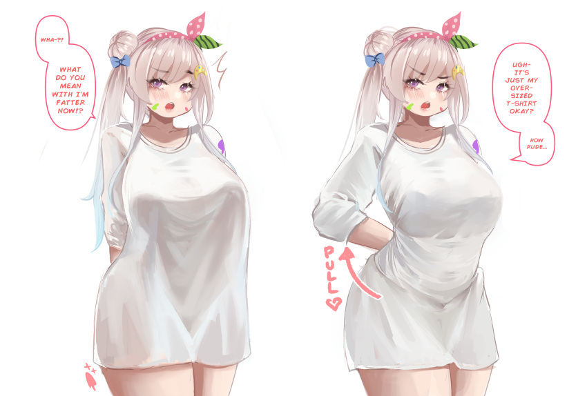 1girl, absurdres, airani_iofifteen, bangs, blush, breasts, cowboy_shot, eyebrows_visible_through_hair, grey_hair, hair_ornament, hairband, highres, hololive, icedsolero_(pixiv44011048), long_hair, looking_at_viewer, multiple_views, naked_shirt, no_nose, open_mouth, paint_splatter, shadow, shirt, short_sleeves, simple_background, speech_bubble, talking, thick_thighs, thighs, violet_eyes, white_background