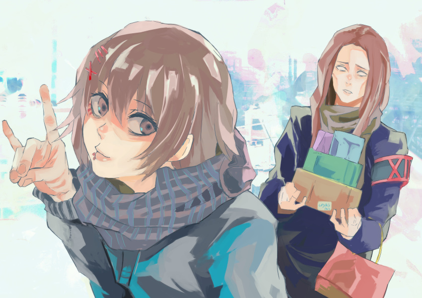 2boys, abara_hanbee, absurdres, alternate_costume, alternate_hair_color, androgynous, armband, bangs
