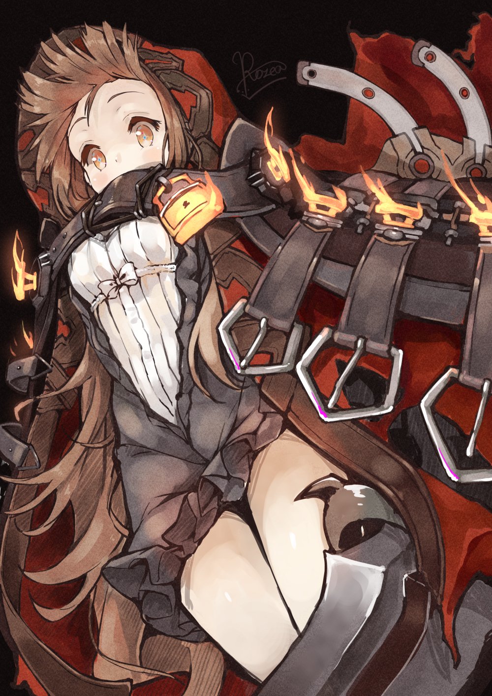 1girl, bangs, black_background, blonde_hair, brown_dress, dress, forehead, highres, lock, long_hair, long_sleeves, looking_at_viewer, red_hood, red_riding_hood_(sinoalice), rozea_(graphmelt), signature, simple_background, sinoalice, solo, yellow_eyes