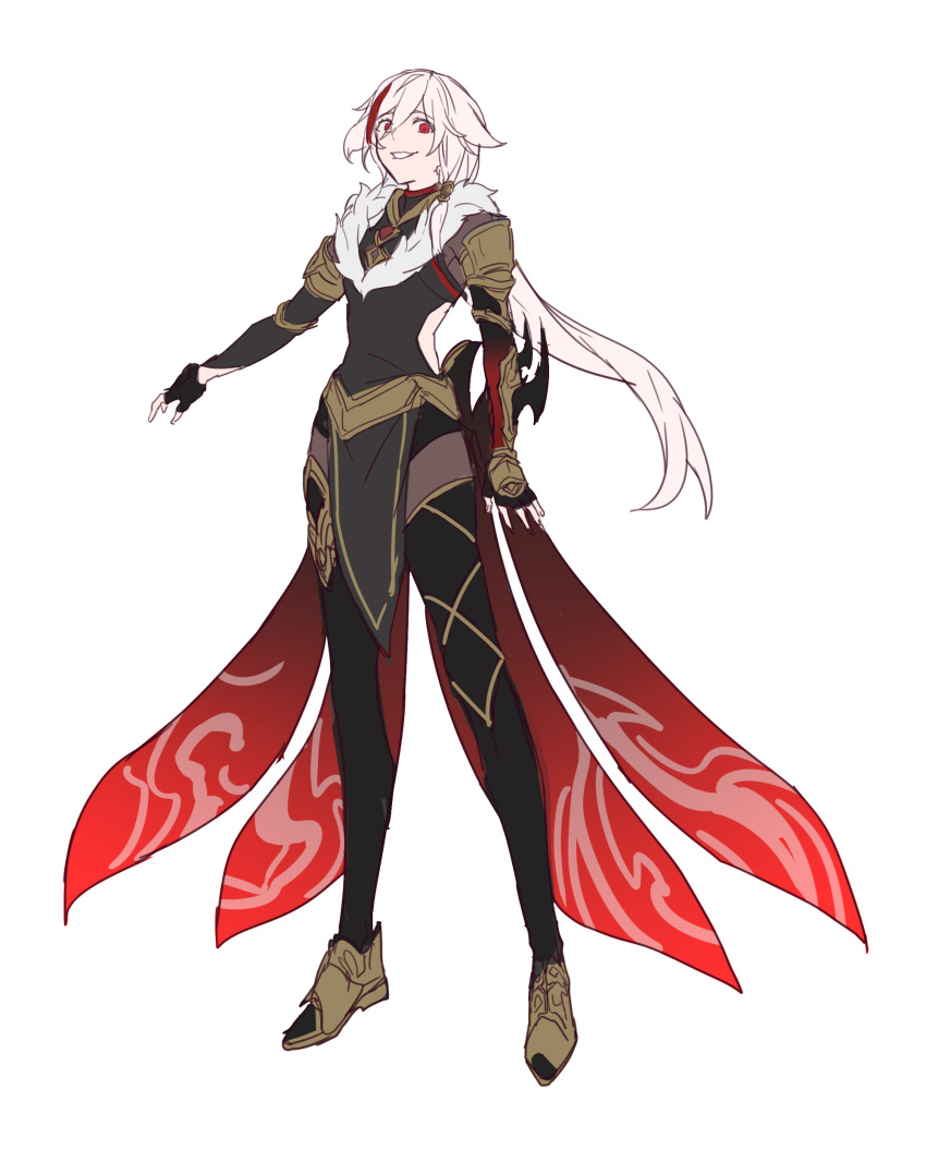 1girl, absurdres, amyucheu, bangs, black_gloves, chinese_clothes, fingerless_gloves, fu_hua, fu_hua_(herrscher_of_sentience), fu_hua_(valkyrie_accipter), full_body, gauntlets, gloves, grin, highres, honkai_(series), honkai_impact_3rd, long_hair, looking_at_viewer, open_mouth, ponytail, red_eyes, simple_background, smile, solo, teeth, white_background, white_hair