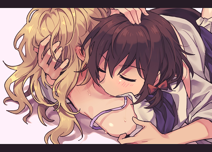 2girls, bangs, bare_shoulders, blonde_hair, blush, body_blush, bow, bra_strap, brown_hair, closed_eyes, collarbone, couple, covered_face, cradling_head, ear_blush, eyebrows_visible_through_hair, facing_viewer, from_side, girl_on_top, hair_between_eyes, hair_bow, hair_ribbon, hand_in_hair, hand_on_another's_head, hands_up, hug, kiss, kissing_neck, letterboxed, long_hair, lying, maribel_hearn, multiple_girls, no_hat, no_headwear, off_shoulder, on_back, pink_background, re_ghotion, red_bow, ribbon, shirt, short_hair, simple_background, sweat, touhou, tress_ribbon, u_u, undressing_another, upper_body, usami_renko, wavy_hair, white_shirt, yuri