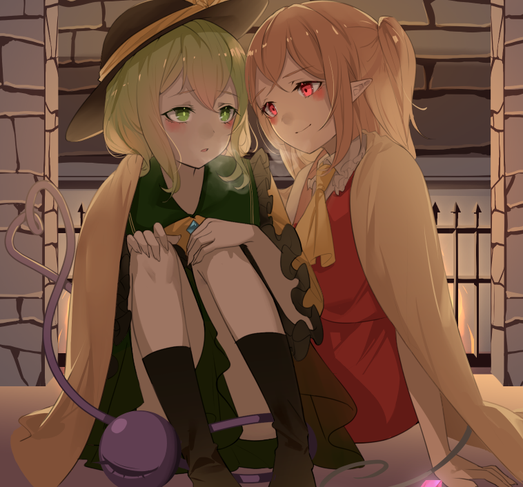 2girls, ascot, bangs, black_footwear, blonde_hair, blush, boots, breath