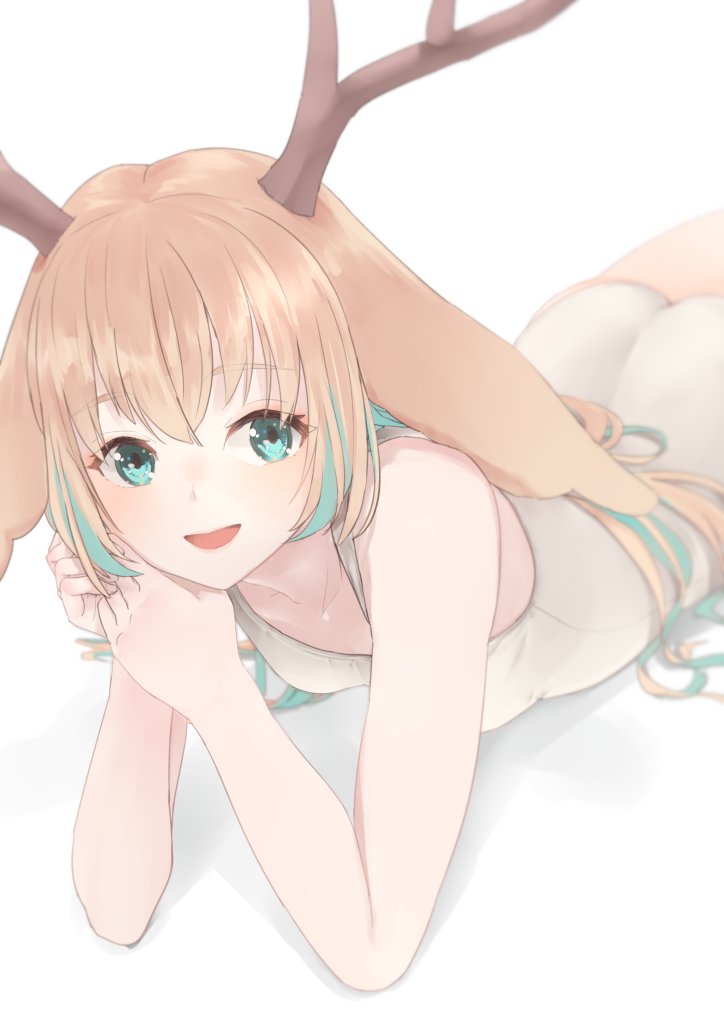 1girl, animare, antlers, aqua_eyes, atsushima, bangs, bare_arms, bare_shoulders