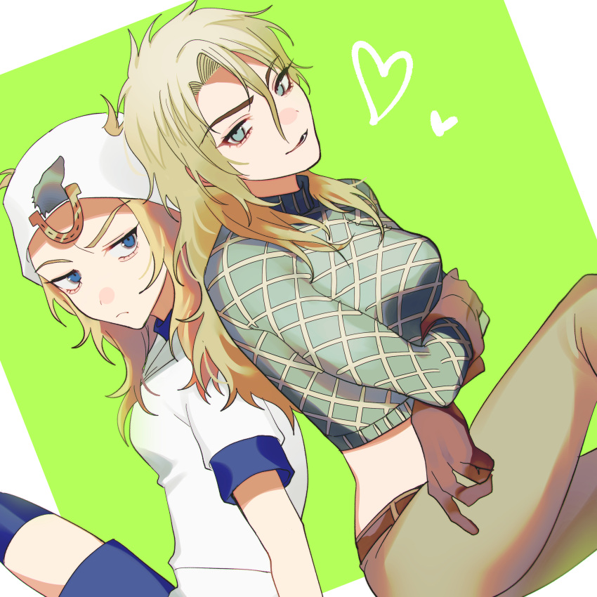 2girls, absurdres, argyle, argyle_sweater, blonde_hair, diego_brando, dinosaur_tail, fangs