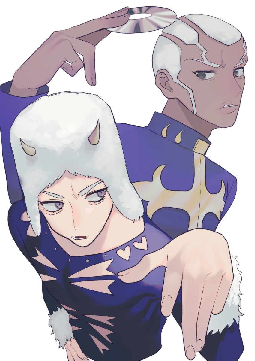 2boys, absurdres, black_eyes, blue_eyes, cd, dark-skinned_male, dark_skin, enrico_pucci, highres, holding_cd, horned_hat, jojo_no_kimyou_na_bouken, male_focus, multiple_boys, pointing, stone_ocean, weather_report, white_hair, yashio_kurenai