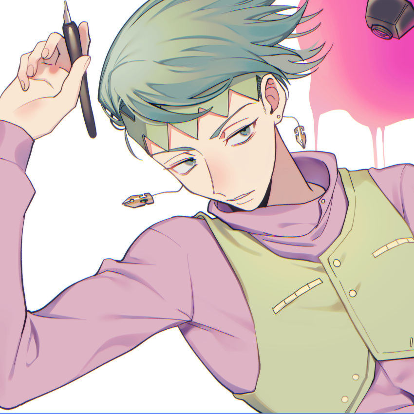 1boy, absurdres, earrings, green_eyes, green_hair, headband, highres, ink_well