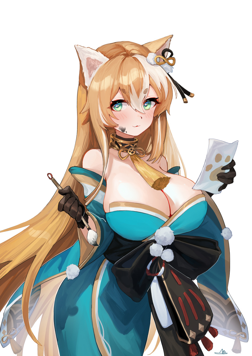 1girl, 4056303, :3, absurdres, animal_ears, aqua_kimono, bare_shoulders, black_gloves, blush, breasts, brown_hair, calligraphy_brush, cat_ears, collar, cowboy_shot, detached_sleeves, dirty, dirty_face, eyebrows_visible_through_hair, genderswap, genderswap_(mtf), genshin_impact, gloves, gorou_(genshin_impact), green_eyes, hair_between_eyes, highres, hina_(genshin_impact), holding, holding_paintbrush, holding_paper, ink_on_face, japanese_clothes, kimono, large_breasts, long_hair, long_sleeves, looking_at_viewer, multicolored_hair, paintbrush, paper, paw_print, pom_pom_(clothes), sash, short_eyebrows, simple_background, solo, streaked_hair, tassel, very_long_hair, white_background, white_hair