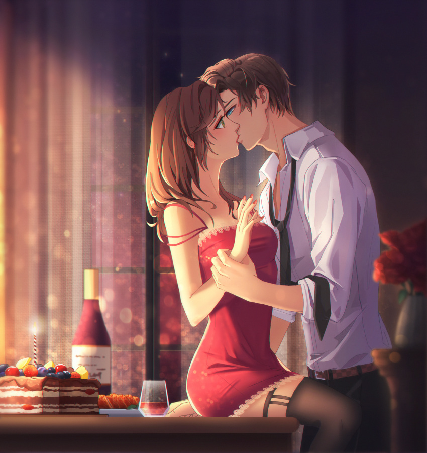 1boy, 1girl, alcohol, artem_wing_(tears_of_themis), bangs, belt, belt_buckle, black_necktie