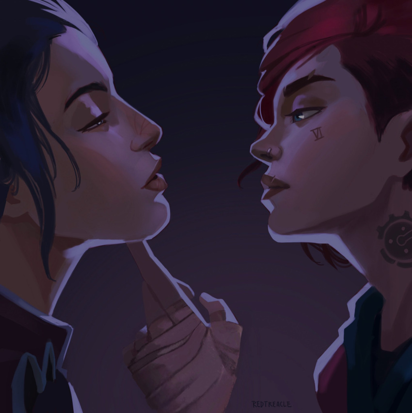 2girls, arcane:_league_of_legends, artist_name, bandaged_hand, bandages, bella_nalin_(redtreaclx), caitlyn_(league_of_legends), character_name