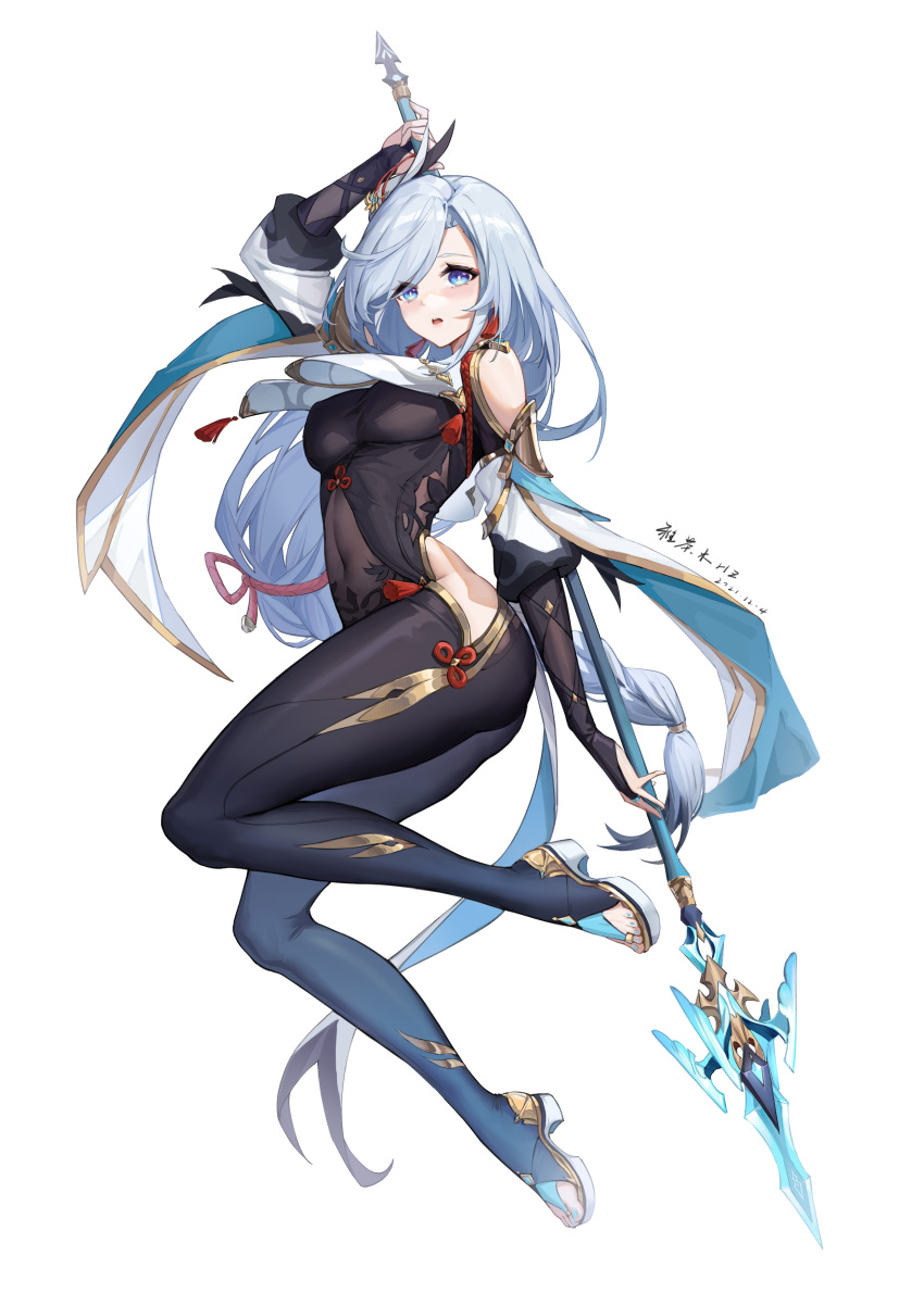 1girl, :o, absurdres, black_bodysuit, blue_eyes, bodysuit, braid, braided_ponytail