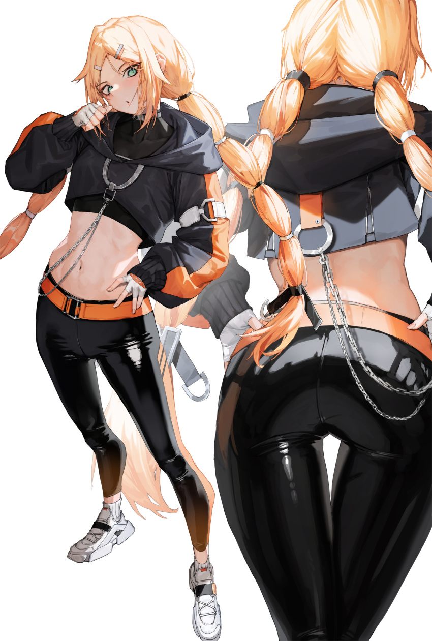 1girl, absurdres, belt, black_pants, black_survival, blonde_hair, blue_eyes, chain