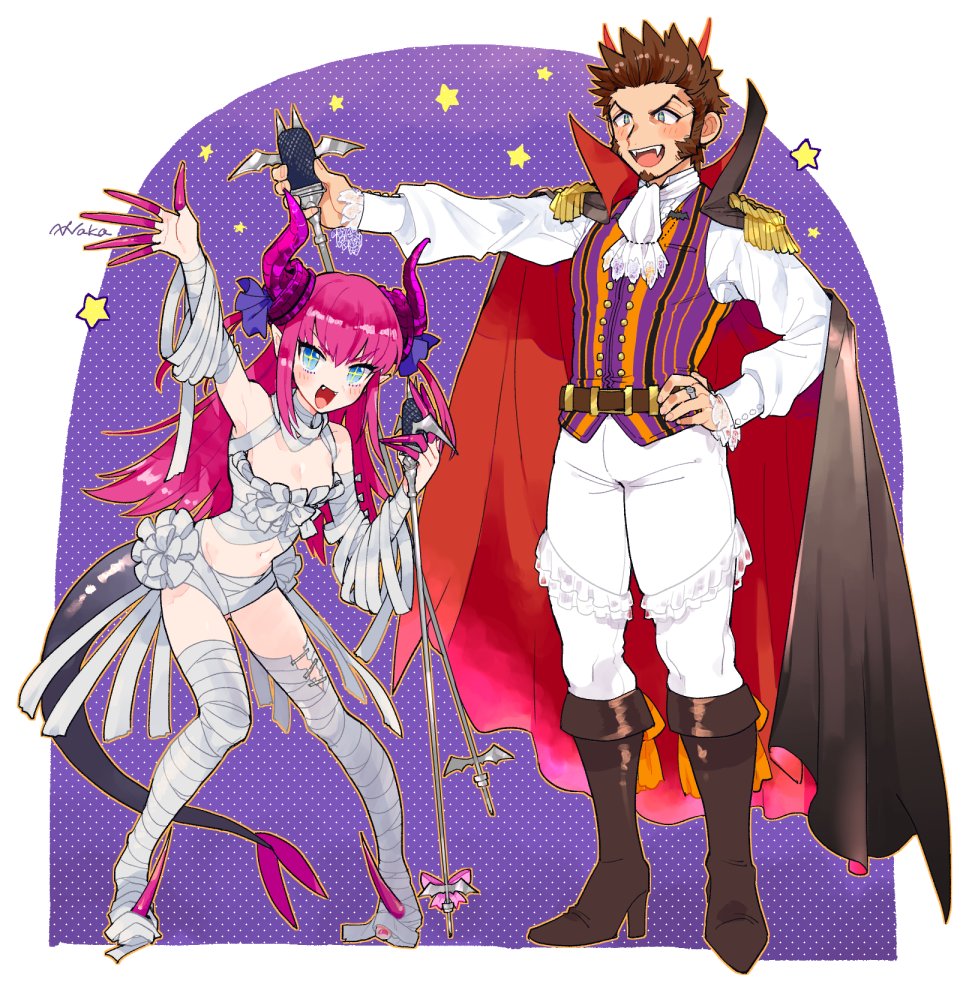 bangs, blue_eyes, brown_hair, dragon_horns, elizabeth_bathory_(fate), facial_hair, fate/grand_order, fate_(series)