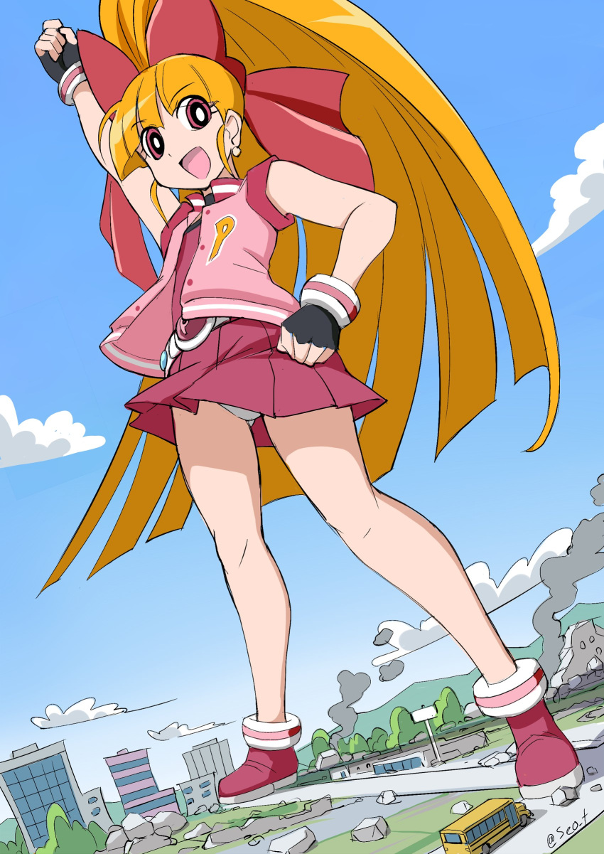 1girl, absurdres, akazutsumi_momoko, arm_up, bangs, belt, black_gloves, blue_sky