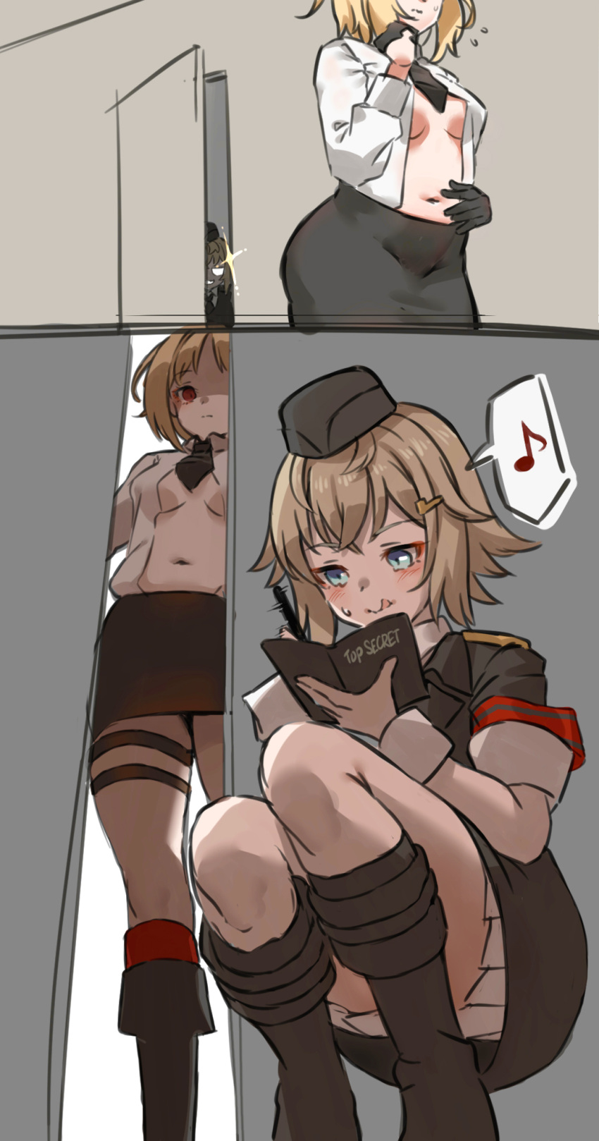 2girls, :q, black_headwear, black_skirt, blonde_hair, blue_eyes, breasts, closed_mouth