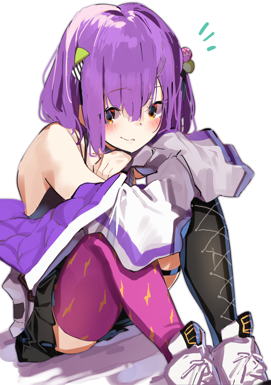 1girl, anzu_channel, asymmetrical_legwear, bangs, bare_shoulders, black_legwear, black_shirt, black_skirt