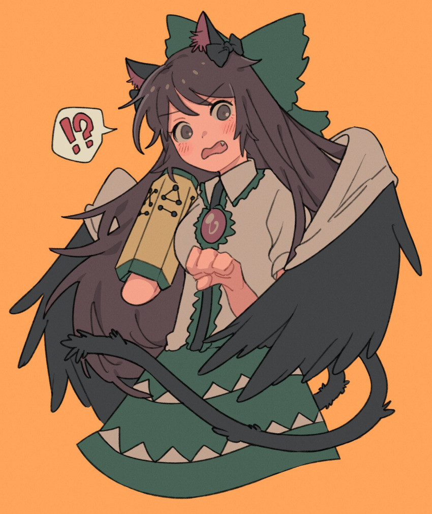 !?, 1girl, angry, animal_ear_fluff, animal_ears, black_hair, black_wings, blush