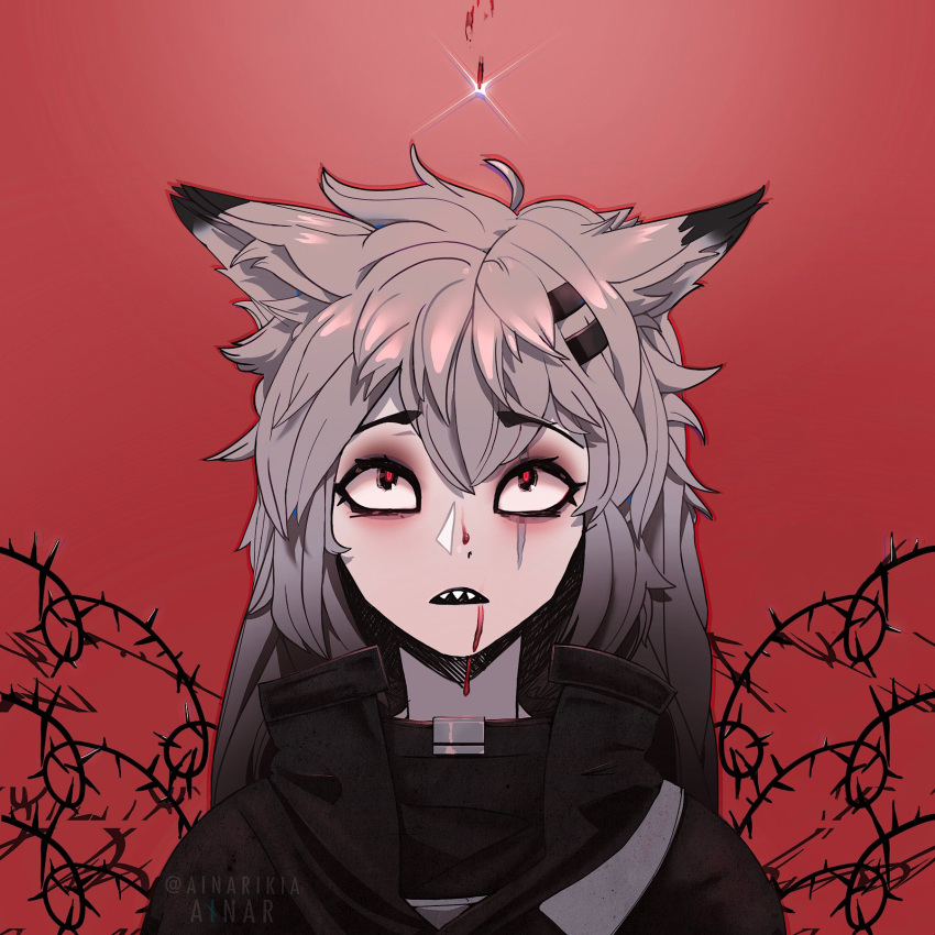 1girl, ainar, animal_ear_fluff, animal_ears, arknights, black_jacket, confused, eyebrows_visible_through_hair, grey_eyes, hair_ornament, hairclip, highres, jacket, lappland_(arknights), long_hair, scar, scar_across_eye, scar_on_face, simple_background, solo, white_hair, wolf_ears, wolf_girl