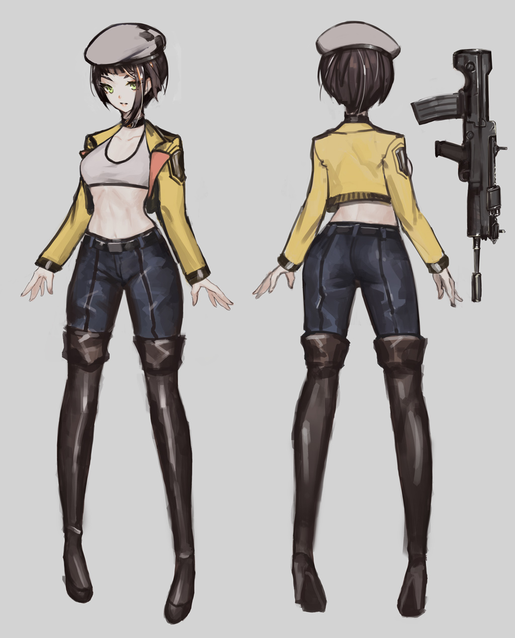 assault_rifle, bangs, beret, black_footwear, boots, brown_hair, character_sheet, denim, from_behind, green_eyes, grey_headwear, gun, hat, highres, jacket, jeans, looking_at_viewer, mahou_arms, midriff, multicolored_hair, navel, official_art, open_hands, orange_hair, pants, rifle, short_hair, softmode, sports_bra, streaked_hair, susan_(mahou_arms), thigh-highs, thigh_boots, v-shaped_eyebrows, weapon, white_sports_bra, yellow_jacket