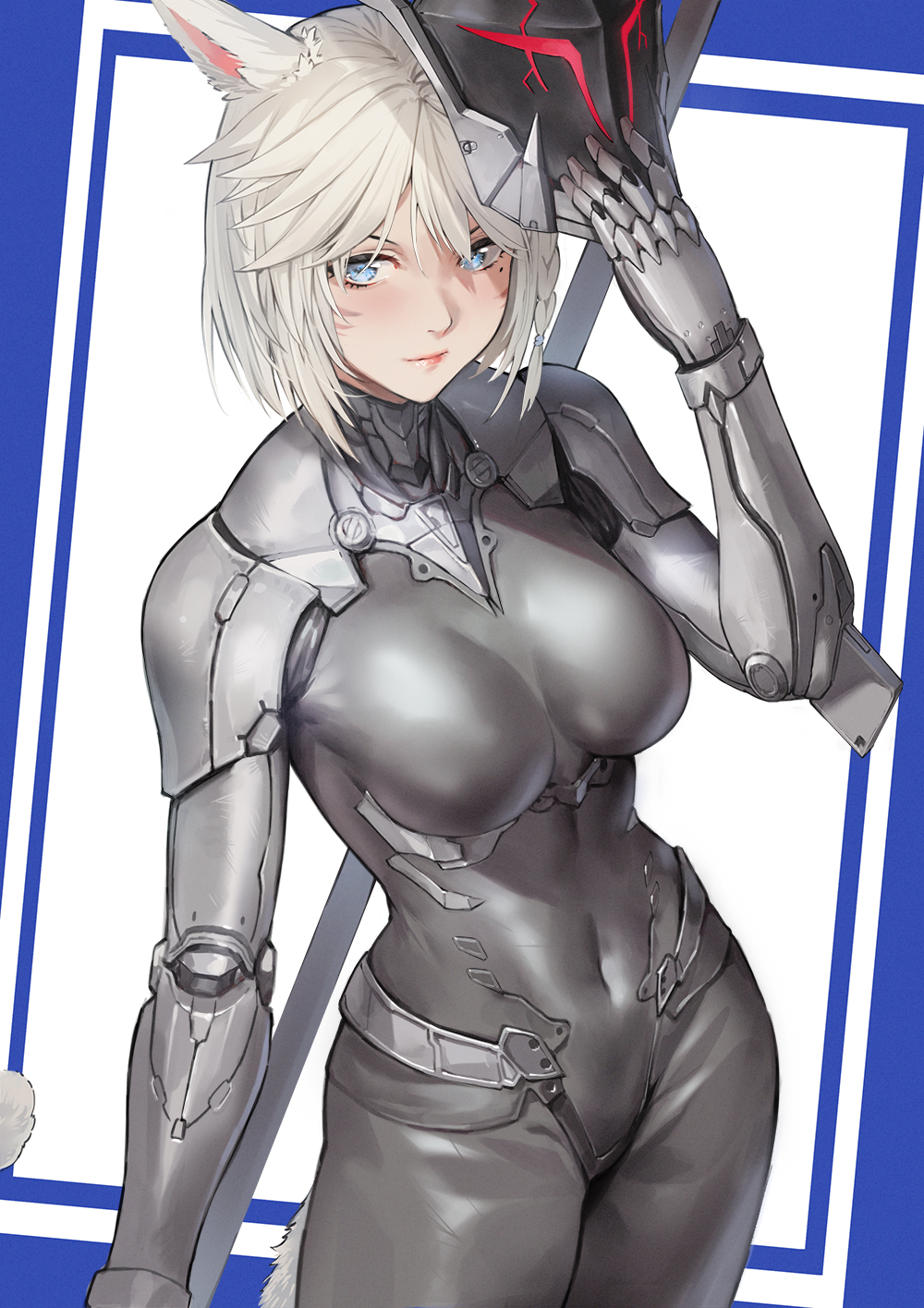 1girl, animal_ears, avatar_(ffxiv), bangs, blue_eyes, bodysuit, breasts, cat_ears