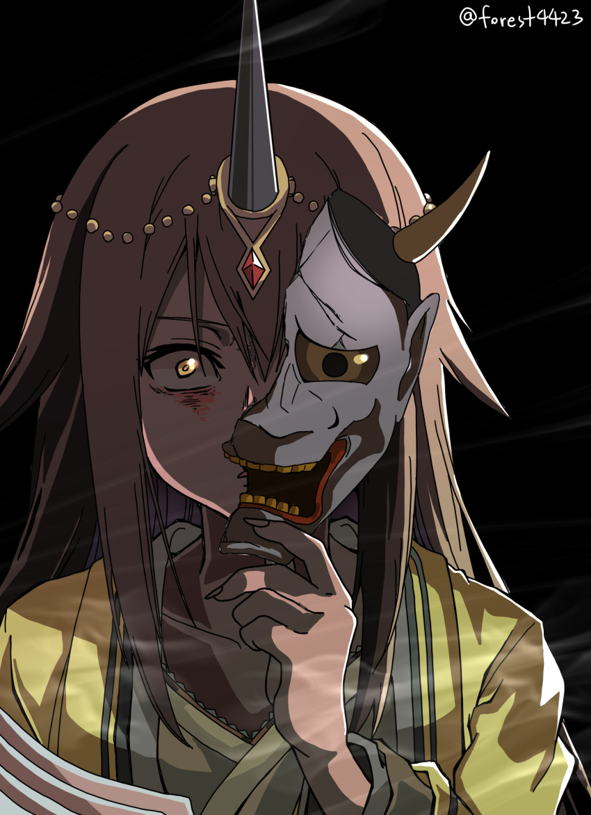 1girl, angry, black_background, forest_(4423), glowing, glowing_eye, grey_hair, half_mask