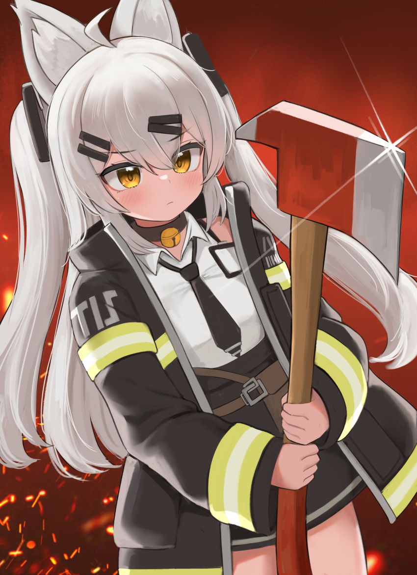 1girl, absurdres, animal_ear_fluff, animal_ears, axe, bangs, bell, black_collar
