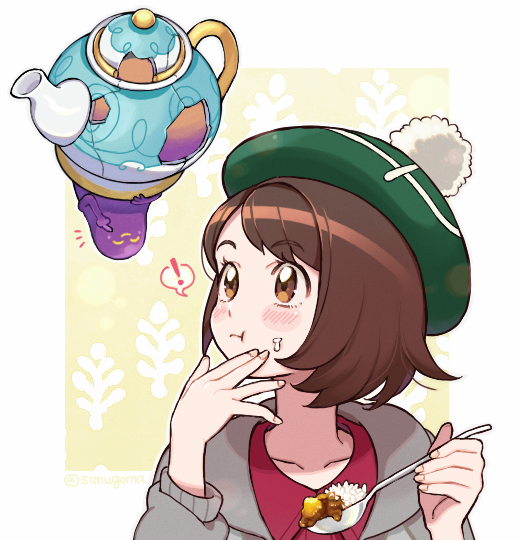 !, 1girl, :t, blush, bob_cut, brown_eyes, brown_hair, cardigan