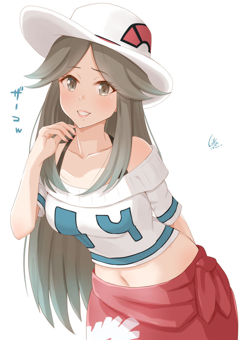 1girl, arm_behind_back, bare_shoulders, brown_eyes, brown_hair, collarbone, commentary_request, eyelashes, grin, hair_flaps, hand_up, hat, highres, island_lagoon, leaf_(pokemon), lipstick, long_hair, makeup, navel, off-shoulder_sweater, off_shoulder, older, pink_lips, pokemon, pokemon_(game), pokemon_frlg, red_sarong, sarong, simple_background, smile, solo, sweater, teeth, white_background, white_headwear, white_sweater
