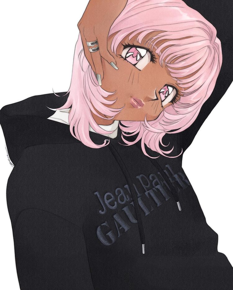 1990s_(style), 1girl, bangs, black_hoodie, dark-skinned_female, dark_skin, english_commentary, grey_nails, head_tilt, hood, hoodie, jean_paul_gaultier_(brand), jewelry, looking_at_viewer, official_art, original, pink_eyes, pink_hair, retro_artstyle, ring, shirt, short_hair, smile, solo, thick_lips, white_background, white_shirt, yue_(yung_n_dum_)