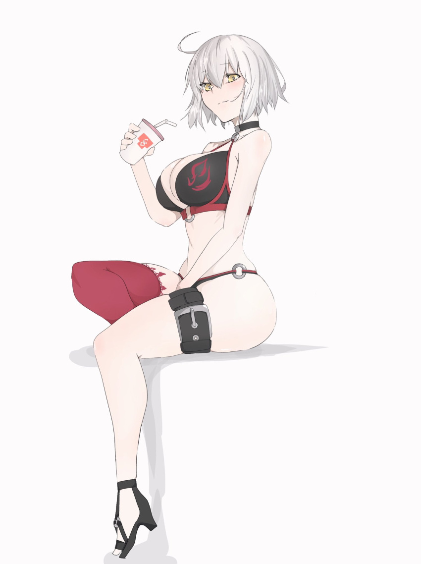 ahoge, bikini, black_bikini, black_choker, black_footwear, breasts, choker, cup