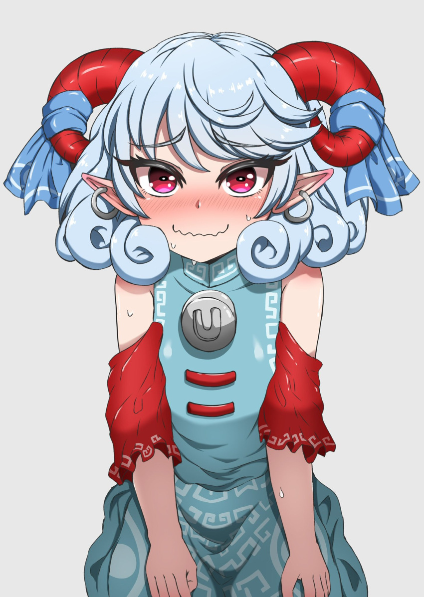 1girl, bangs, bare_shoulders, blue_dress, blush, cowboy_shot, curly_hair, detached_sleeves, dress, earrings, eyebrows_visible_through_hair, grey_background, highres, horns, jewelry, looking_at_viewer, medium_hair, nervous_smile, nose_blush, pointy_ears, red_eyes, silver_hair, simple_background, solo, swept_bangs, touhou, toutetsu_yuuma, tsuchinokonoko, wavy_mouth