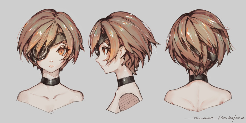 1girl, 2018, black_choker, black_eyepatch, brown_eyes, character_name, character_sheet, choker, collarbone, copyright_name, eyepatch, grey_background, hair_behind_ear, highres, looking_at_viewer, mahou_arms, multiple_views, official_art, one_eye_covered, piro_(mahou_arms), short_hair, softmode