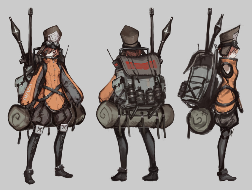 1girl, backpack, bag, black_eyepatch, black_footwear, black_pants, boots, brown_eyes, character_sheet, eyepatch, goggles, goggles_on_head, grey_headwear, jacket, looking_to_the_side, mahou_arms, official_art, one_eye_covered, orange_jacket, pants, piro_(mahou_arms), puffy_pants, short_hair, softmode