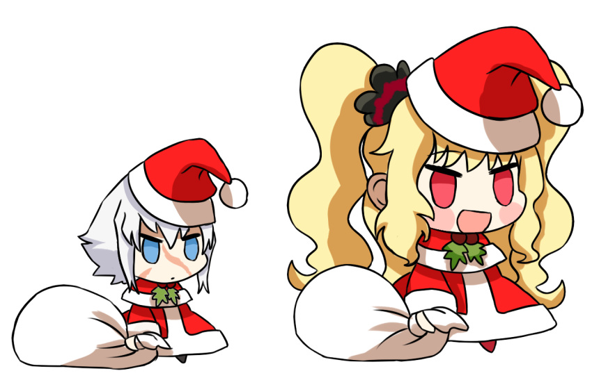 2girls, :d, alternate_costume, anne_bonny_(fate), blonde_hair, blush, chibi, christmas
