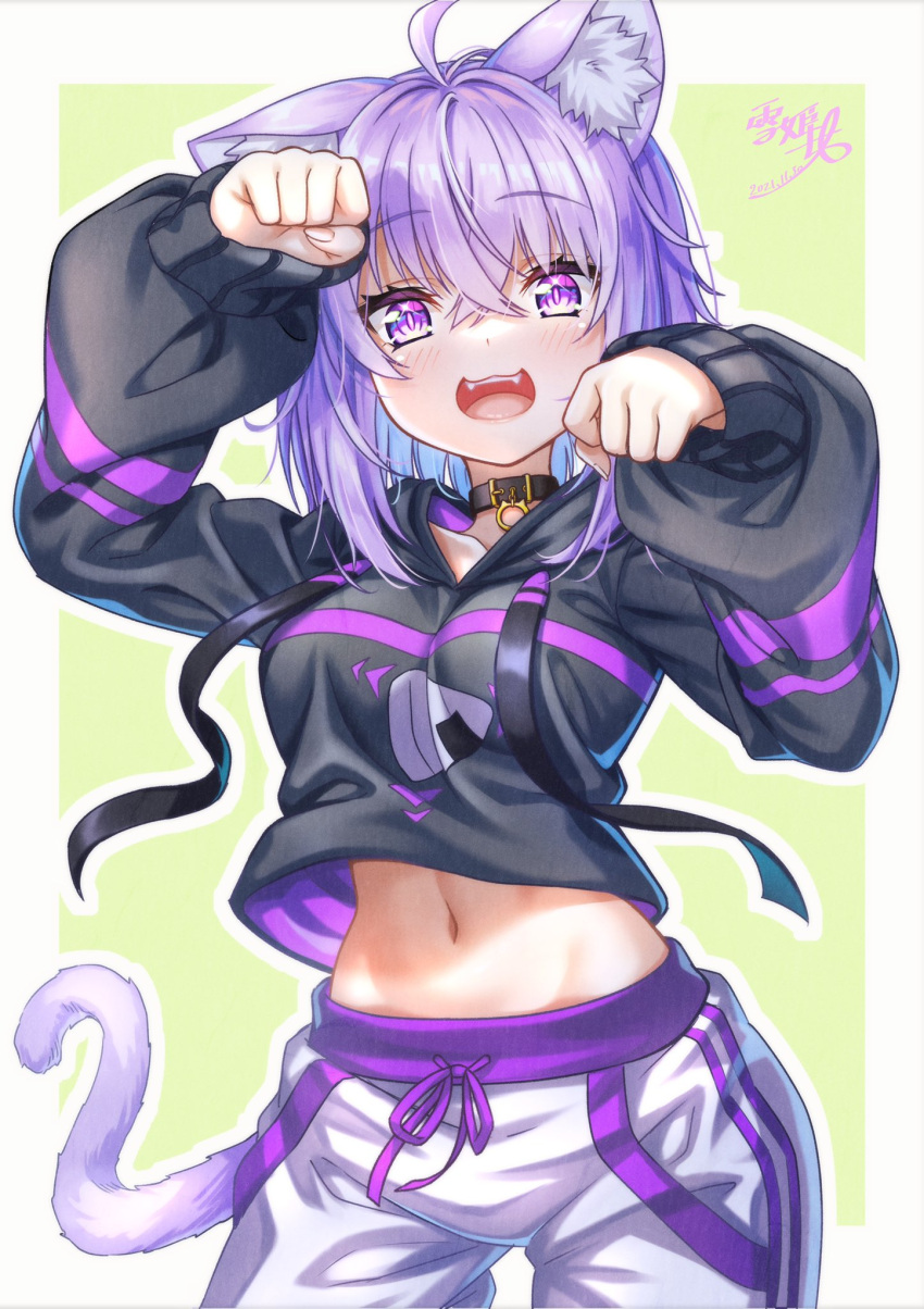 1girl, ahoge, animal_ears, calzooone, cat_ears, cat_tail, fangs, fingernails