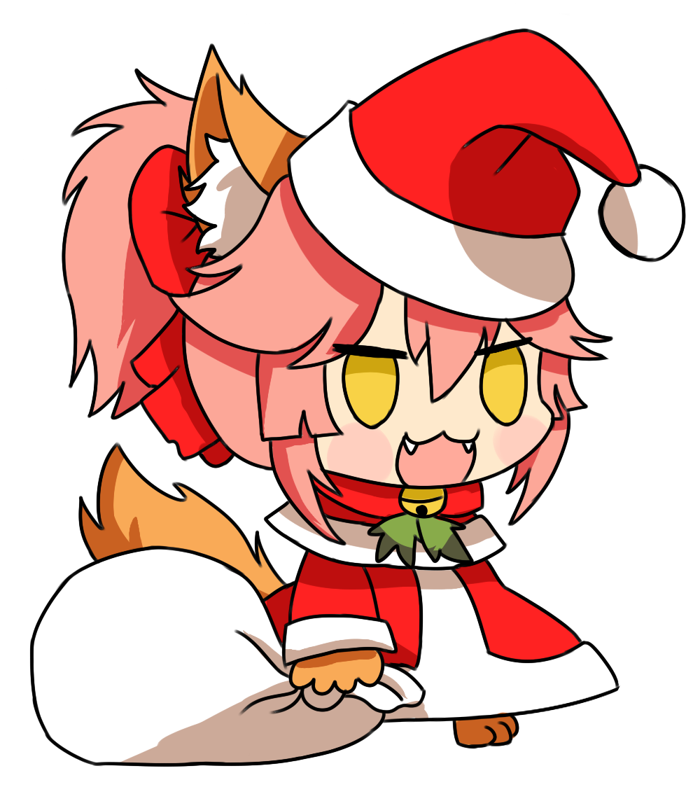 1girl, :d, alternate_costume, animal_ears, bell, blush, chibi, christmas