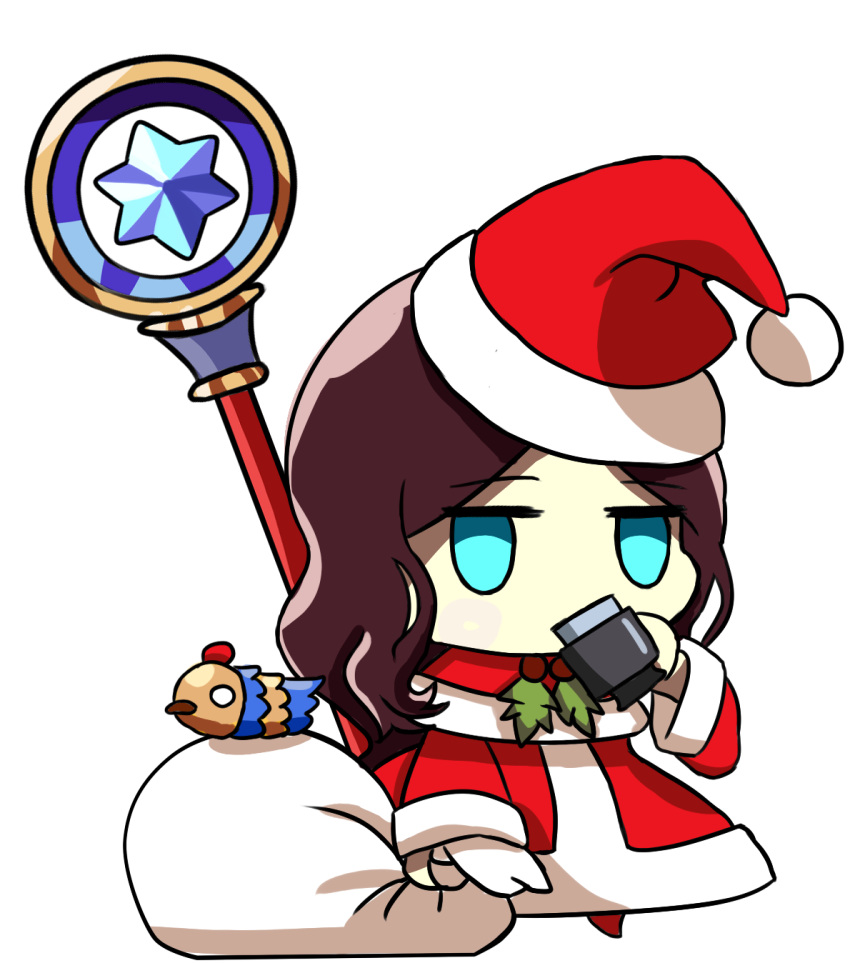 1girl, :d, alternate_costume, aqua_eyes, blush, brown_hair, chibi, christmas