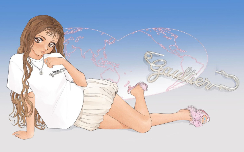 1990s_(style), 1girl, blue_nails, blush, brown_eyes, brown_hair, english_commentary, head_tilt, high_heels, jean_paul_gaultier_(brand), jewelry, long_hair, looking_at_viewer, lying, nail_polish, necklace, official_art, on_side, original, pink_footwear, retro_artstyle, shirt, skirt, smile, solo, stitched, toenail_polish, toenails, white_shirt, white_skirt, yue_(yung_n_dum_)