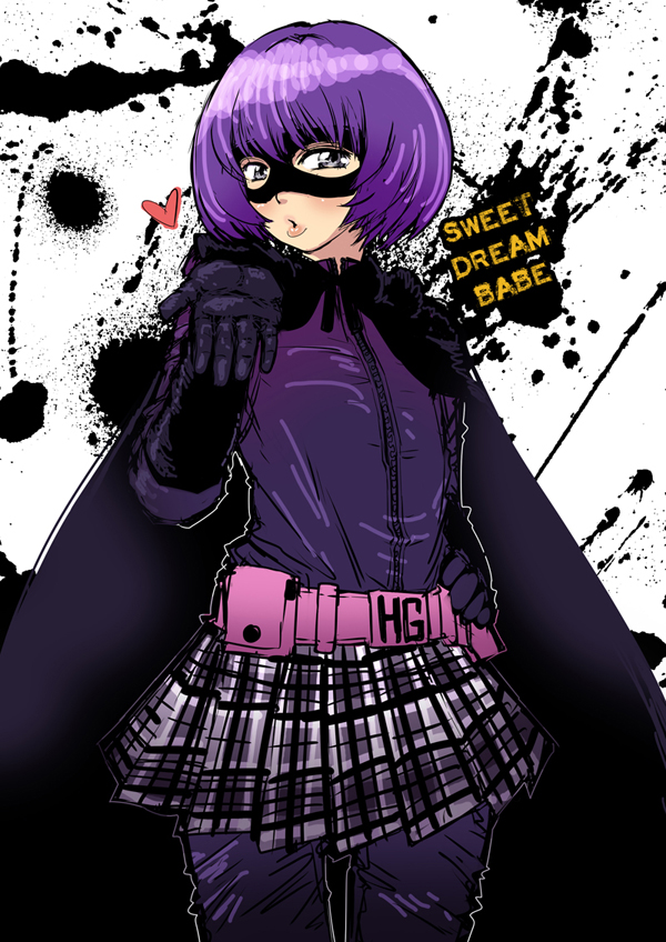 blown_kiss, butcherboy, cape, english, gloves, hand_on_hip, heart, hit-girl