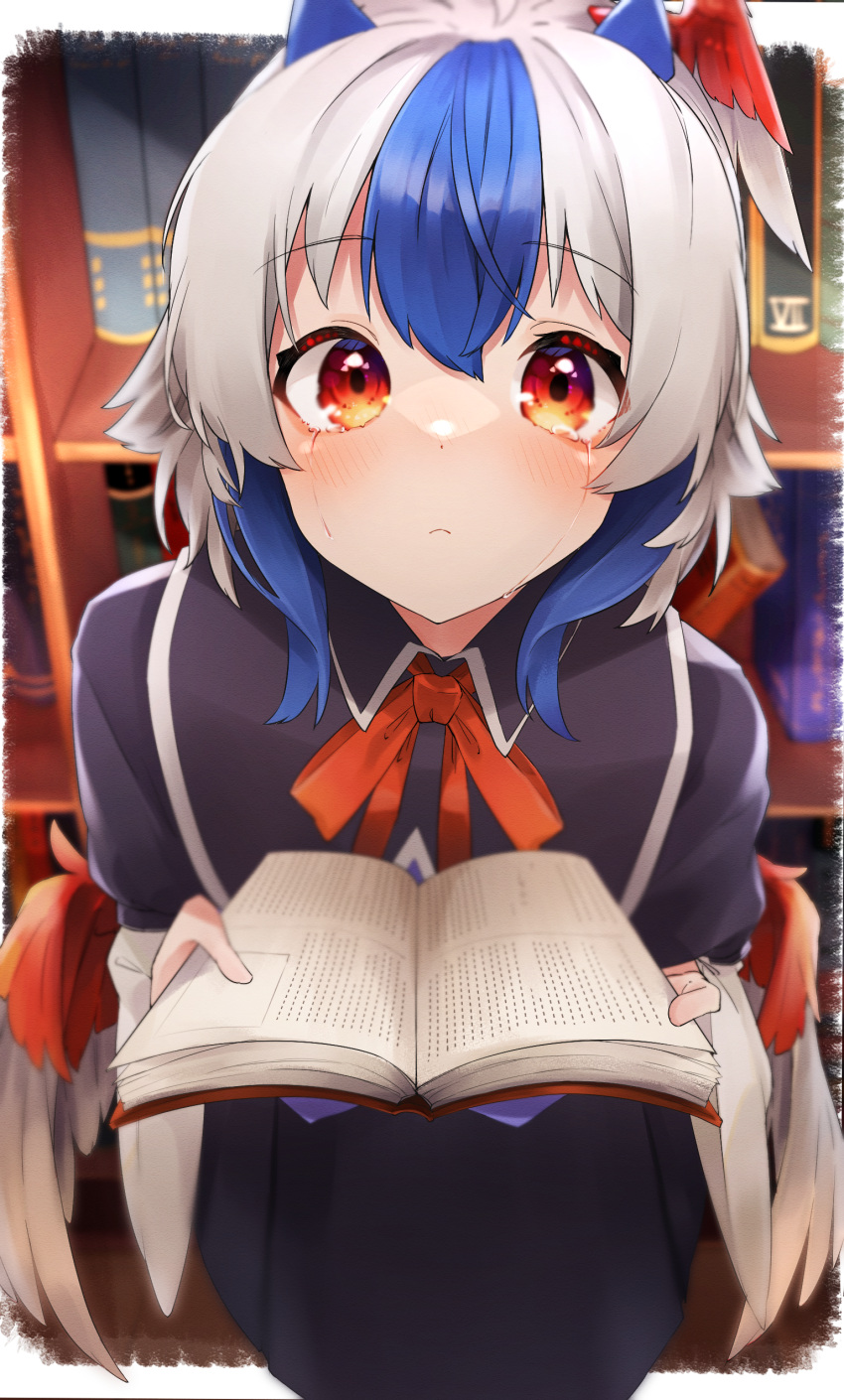 1girl, :<, absurdres, bangs, bird_wings, black_bow, black_capelet, blue_dress