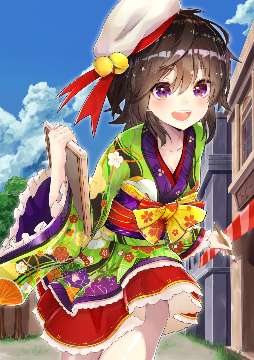 1girl, absurdres, bangs, bell, beret, brown_hair, building, canvas_(object)