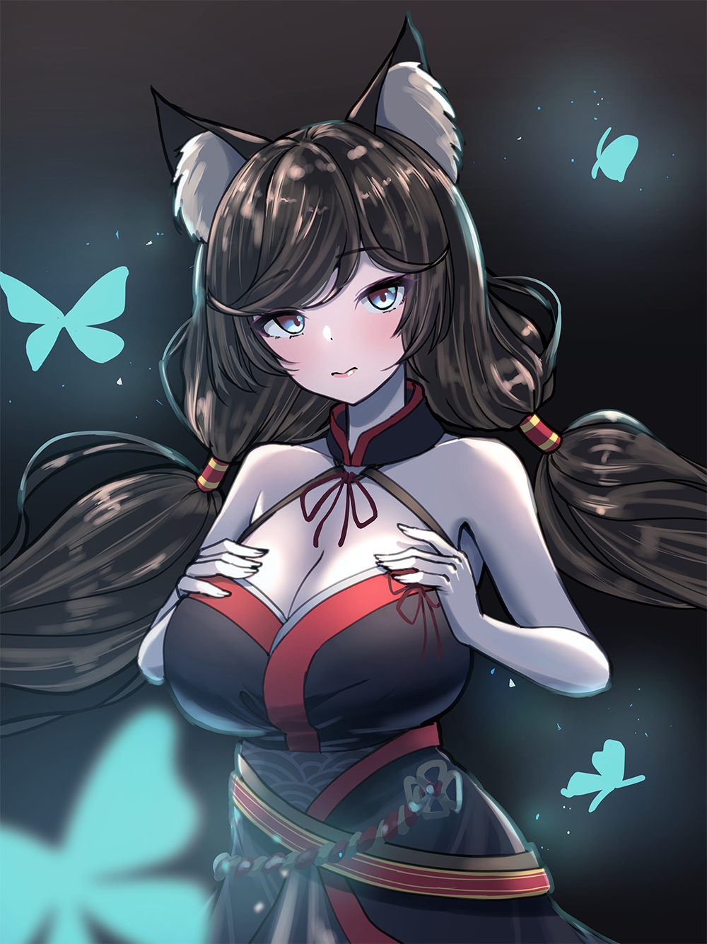 1girl, animal_ear_fluff, animal_ears, azur_lane, bare_arms, bare_shoulders, black_background, black_hair, black_kimono, blue_butterfly, blue_eyes, blush, breasts, bug, butterfly, cat_ears, dot_nose, fusou_(meta)_(azur_lane), halterneck, hands_on_own_chest, highres, japanese_clothes, kimono, large_breasts, lipstick, long_hair, looking_at_viewer, low_twintails, makeup, simple_background, tiziart, twintails, very_long_hair