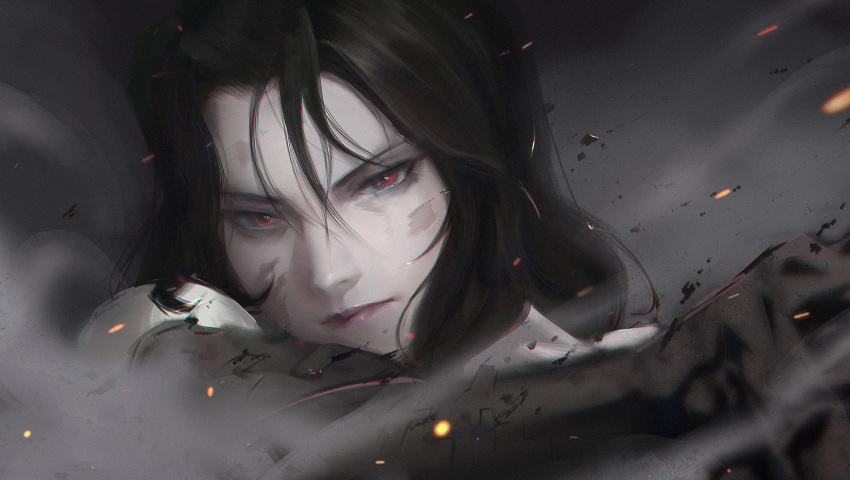 1girl, bangs, black_hair, black_skin, close-up, closed_eyes, colored_skin, cracked_skin