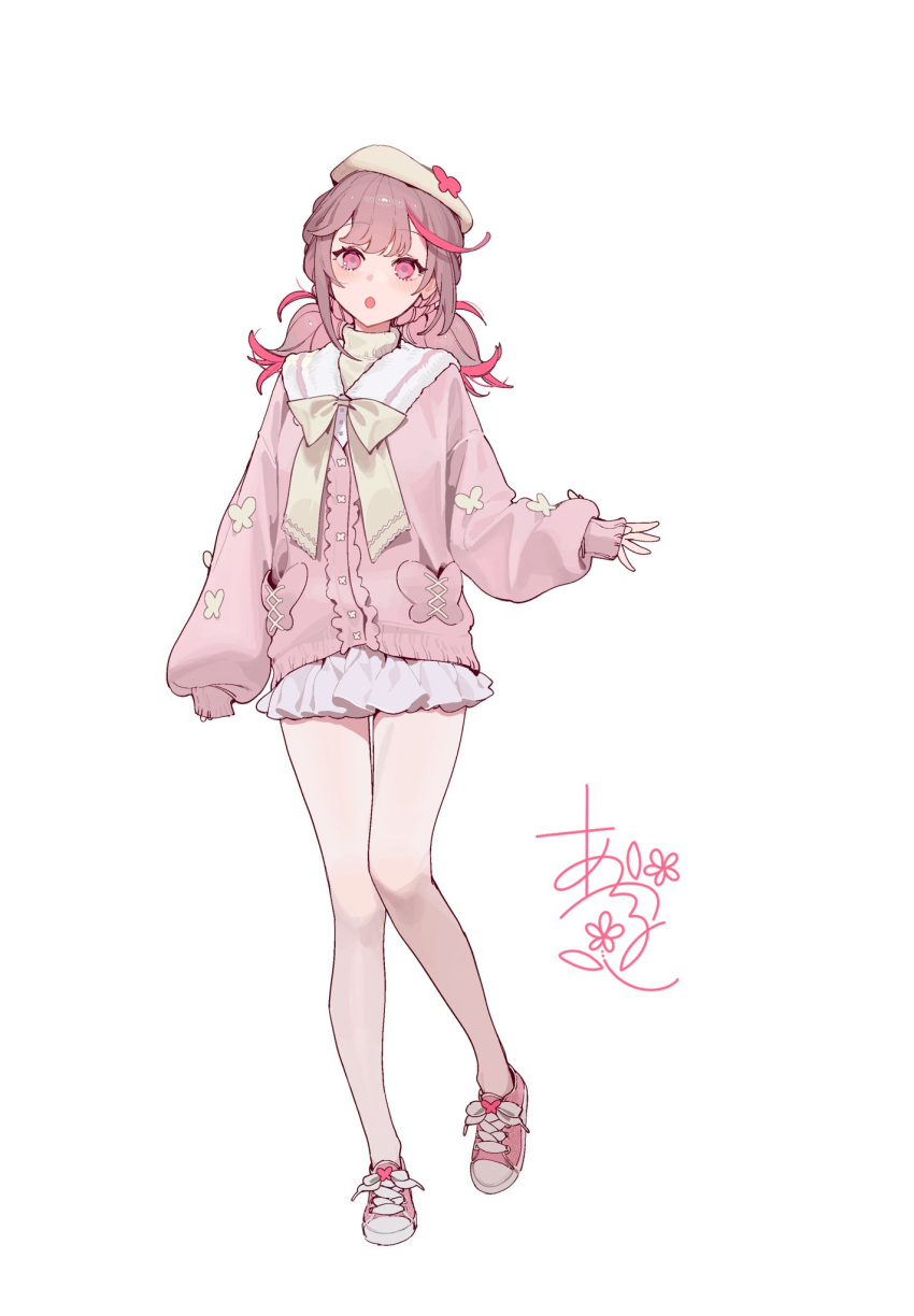 1girl, :o, animal_print, bangs, beret, blush, bow, butterfly_ornament, butterfly_print, commentary, dress, eyebrows_visible_through_hair, grey_sweater, hair_ornament, hat, highres, kirara_akaru, long_hair, long_legs, long_sleeves, looking_at_viewer, multicolored_hair, ohisashiburi, open_mouth, original, pink_footwear, pink_hair, pink_sweater, pocket, project_luminasys, sailor_collar, shoelaces, shoes, simple_background, sketch, skirt, solo, streaked_hair, sweater, sweater_dress, turtleneck, turtleneck_sweater, white_background, white_sweater