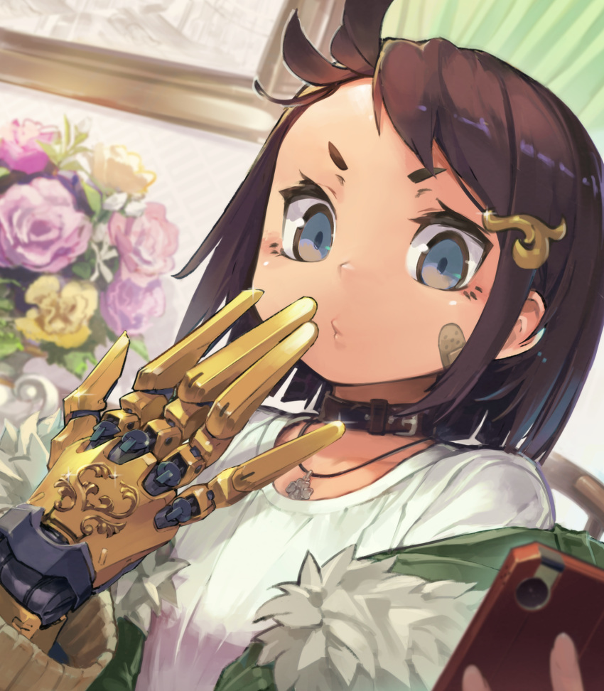 1girl, bandaid, blue_eyes, brown_hair, cellphone, choker, english_commentary, flower, fur_trim, go-malniju, hair_ornament, hairclip, highres, iphone, jacket, jewelry, looking_at_viewer, necklace, off_shoulder, original, phone, plant, potted_plant, prosthesis, shirt, smartphone, solo, white_shirt