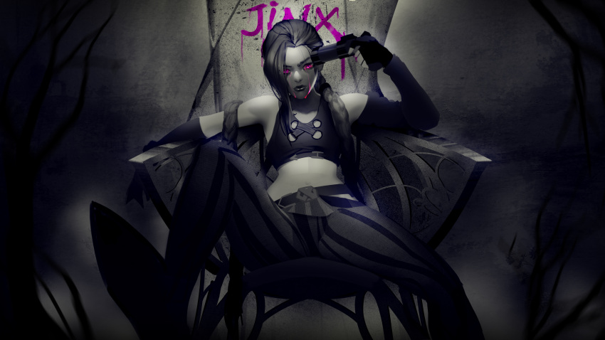 1girl, absurdres, arcane:_league_of_legends, asymmetrical_bangs, bangs, bare_shoulders, belt, braid, chair, character_name, closed_mouth, collarbone, crop_top, fingerless_gloves, foot_out_of_frame, gloves, gun, gun_to_head, hair_over_one_eye, highres, holding, holding_gun, holding_weapon, jinx_(league_of_legends), league_of_legends, legs_apart, long_hair, long_sleeves, looking_at_viewer, monochrome, pants, pink_eyes, sinser_(99535), sitting, stomach, striped, striped_pants, tears, twin_braids, weapon