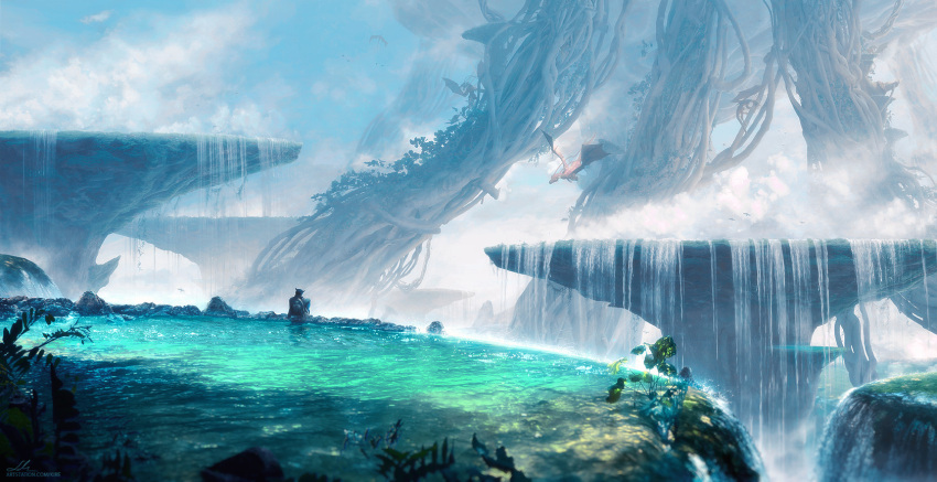 1boy, aerial_root, backpack, bag, bird, blurry, clouds, commentary