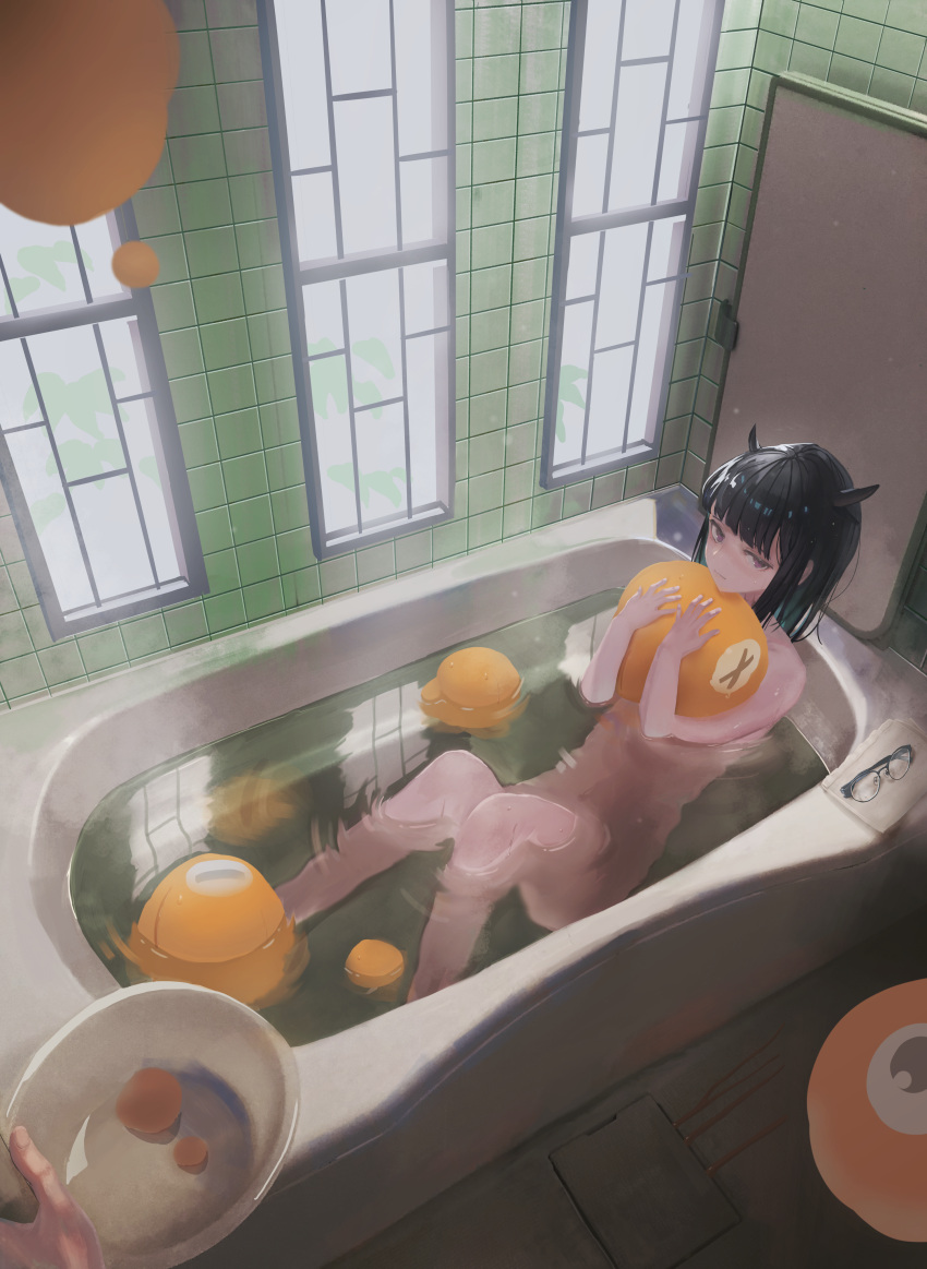 1girl, 1other, 39notare, absurdres, bangs, bath, bathtub, black-framed_eyewear
