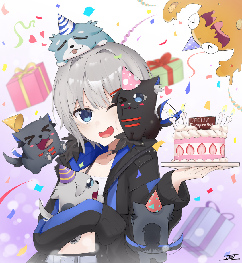 :d, animal_ears, animal_hood, belt, belt_buckle, birthday, birthday_cake, black_choker