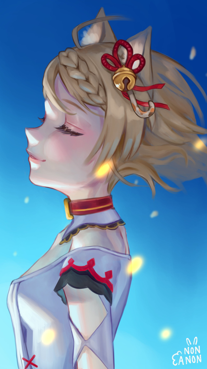 1girl, absurdres, animal_ear_fluff, animal_ears, anon_non_(artist), bell, braid, breasts, cat_ears, cat_girl, choker, closed_eyes, detached_collar, front_braid, hair_bell, hair_ornament, hair_ribbon, highres, jingle_bell, light_brown_hair, medium_hair, nekomata, prism_project, ribbon, small_breasts, solo, spiked_choker, spikes, suzune_nia